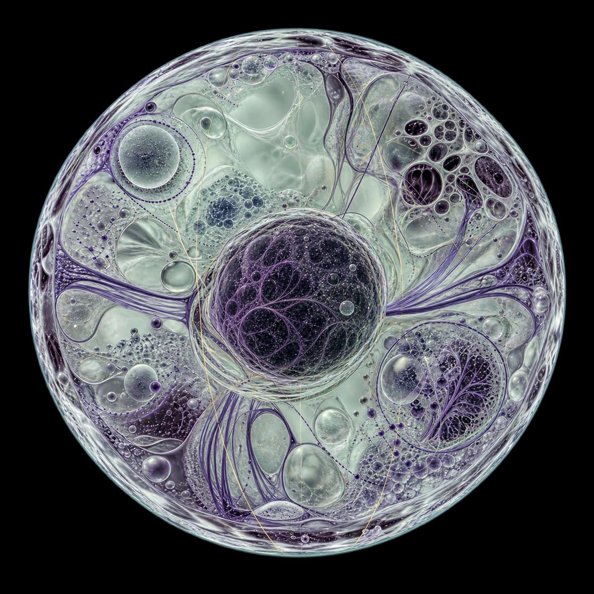 A microscopy-inspired biological cell with membranes, vesicles, and connected internal structures.